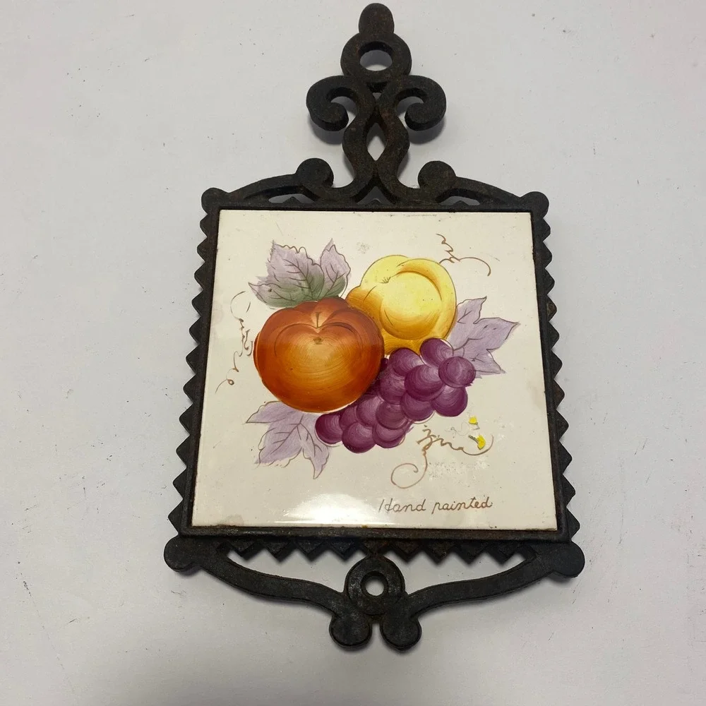 Trivet Kitchen Decor Hand Painted Fruit Cast Iron Tile Apple Pear Grapes